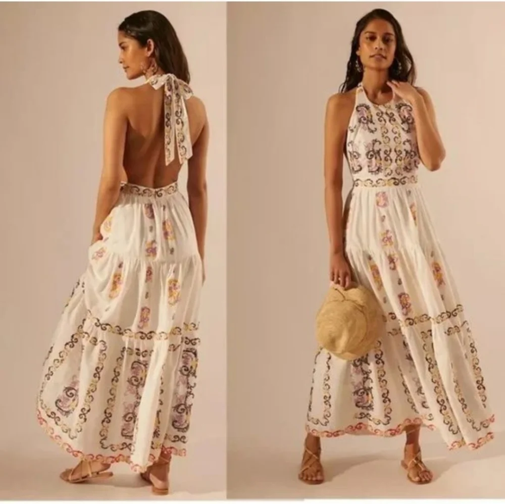 NWT Anthropologie Embroidered Halter Maxi Dress Size 12 In Ivory - Picture 3 of 14